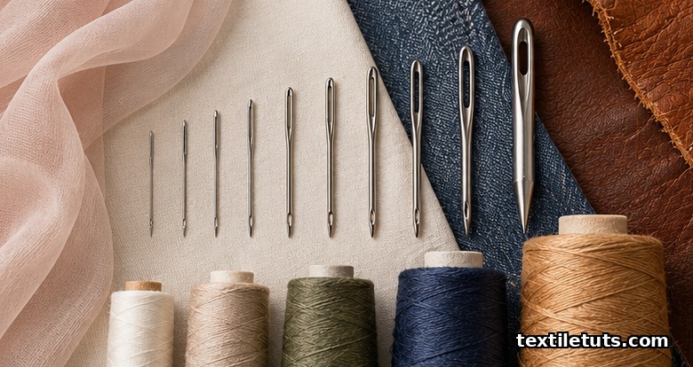 Assorted sewing needles of graduated sizes and cones of polyester thread laid over silk, cotton, denim, and leather swatches.
