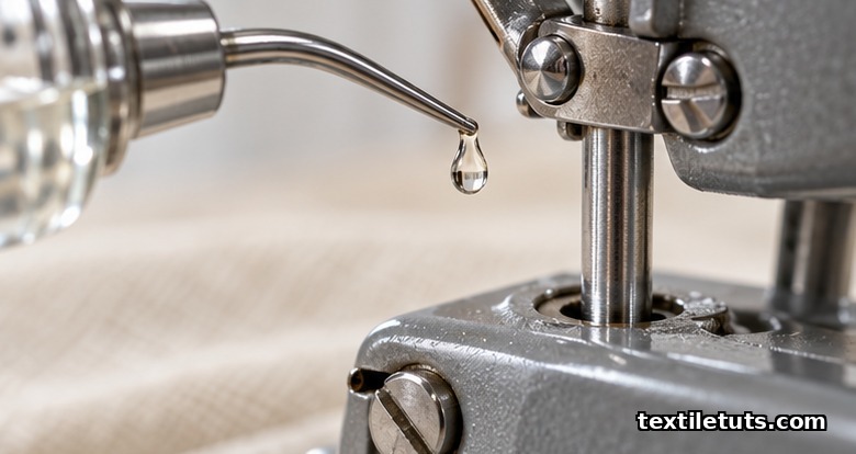 Clear drop of sewing-machine oil hanging from a glass bottle's spout above a silver needle bar and take-up lever pivot during weekly lubrication.