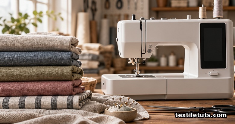 A modern computerized sewing machine on a textile workshop table beside stacked folded fabric bolts in cotton and linen tones.