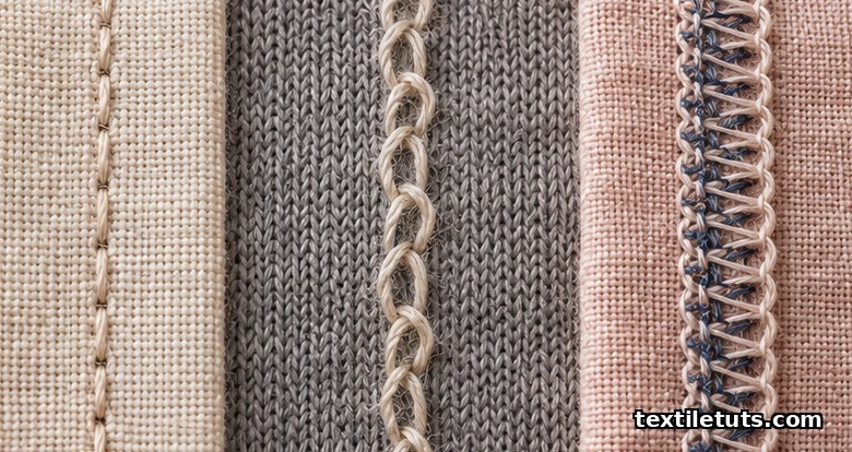 Three magnified fabric swatches showing lockstitch, chainstitch, and 4-thread overlock seam structures side by side.