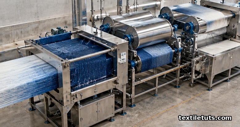 Industrial view of a sheet dyeing range with flat warp sheet passing through dye boxes and sizing