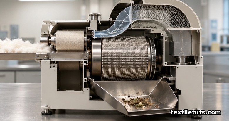 Cutaway view of a Shirley Analyzer showing feed roller, carding drum, airflow duct, mesh screen and trash pan.