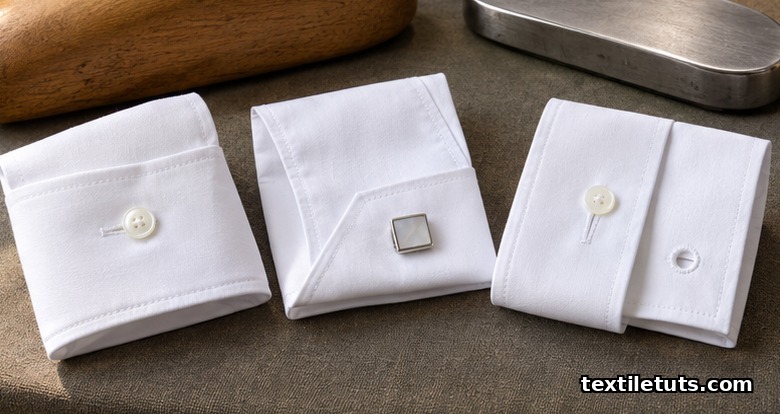 Three shirt cuff styles on white cotton shirting: barrel, French mitered, and convertible, on a tailor's workbench.