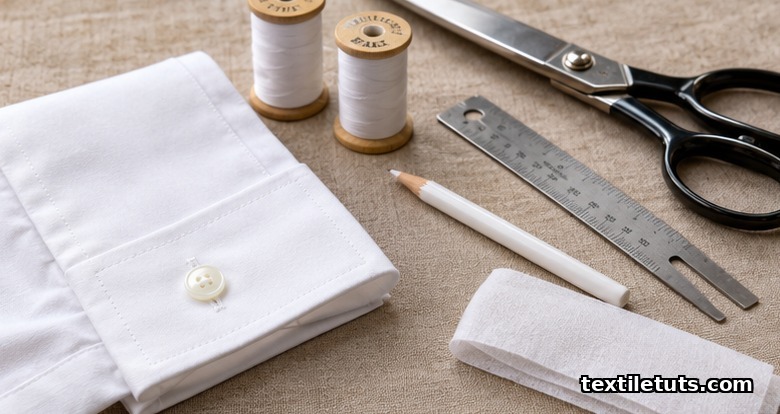 Overhead flat-lay of a folded white dress shirt cuff with button, thread spools, shears, chalk, and interlining on linen.