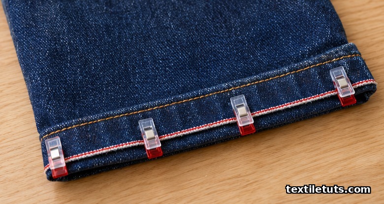 Original denim hem folded up over the raw cut edge and held evenly in place with sewing clips