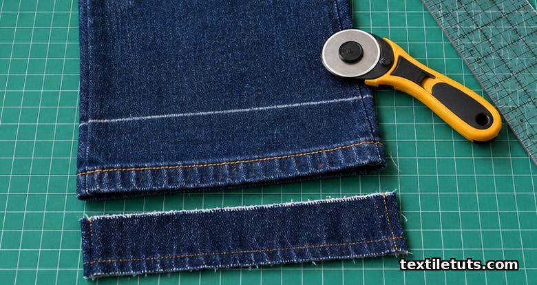 Rotary cutter and acrylic ruler on a chalk line across a denim leg, with the trimmed strip below the cut