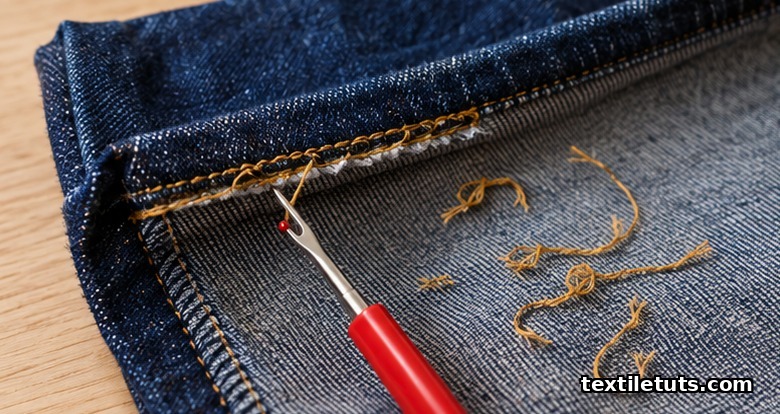 Seam ripper lifting gold hem stitching on an inside-out denim leg, showing the chain-stitch underside