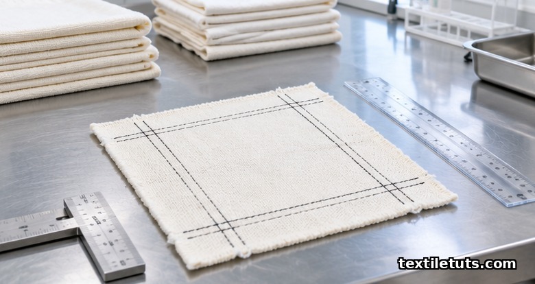 Square woven cotton specimen marked with paired benchmarks on a stainless steel lab bench for dimensional stability testing