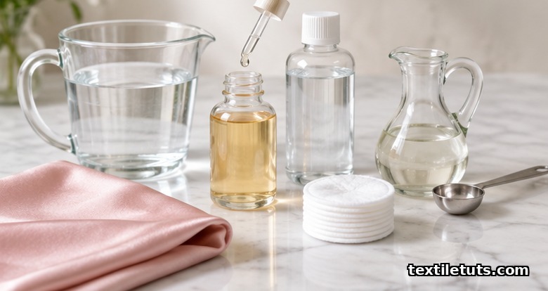 Silk-safe cleaning products: cold water, mild soap, micellar water, cotton pads and diluted white vinegar