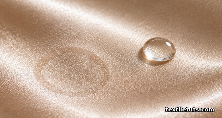 Macro view of satin-weave silk with a faint water mark ring and a water droplet on the shimmering surface