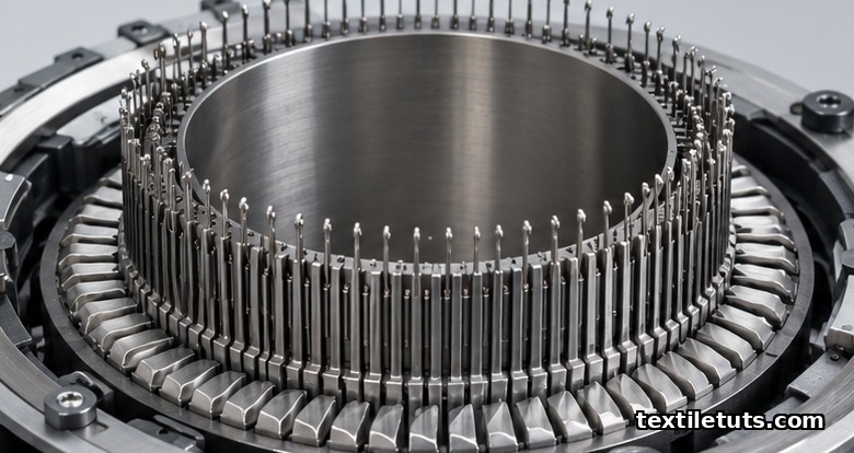 Steel cylinder drum surrounded by sinker ring assembly in a circular knitting machine, viewed from above