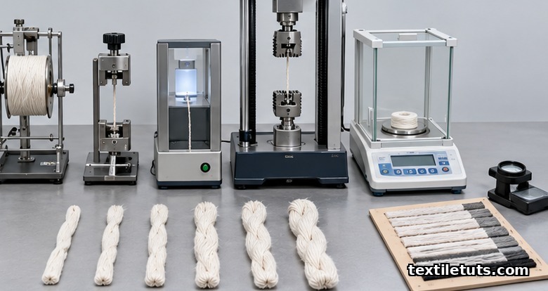 Six yarn specimens beside lab tools on a workbench: wrap reel, twist tester, capacitance sensor, tensile grips, balance, and count glass.