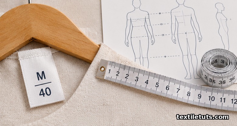 Size tag with alphabetic and numeric size designations next to a centimeter measuring tape and faint anthropometric chart.