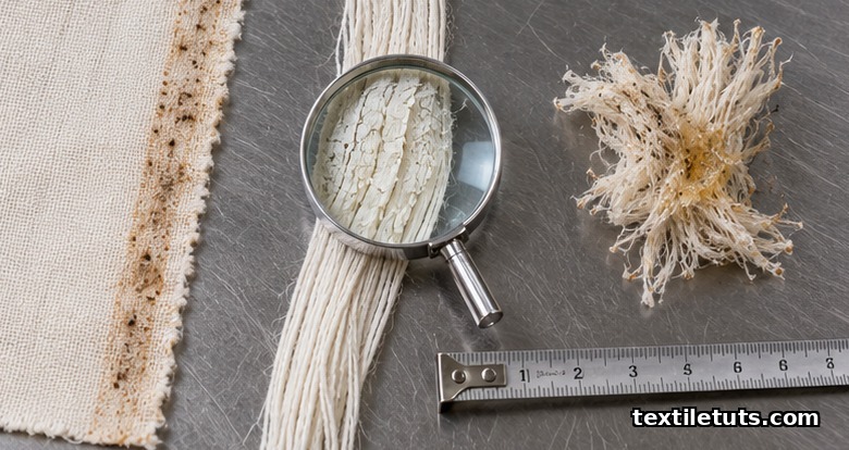 Common warp sizing defects laid out for inspection: loom-state fabric with fly dust streaks, a sized yarn sample showing cracked film, and sticky fused warp ends.
