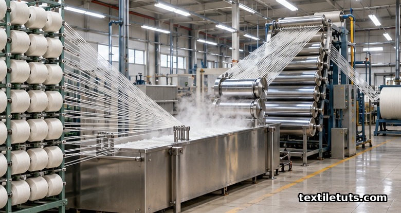 Featured image: warp yarns leaving cone packages on a creel, passing through a steamy starch size bath, chrome squeeze rollers, and a stack of drying cylinders in a weaving mill.