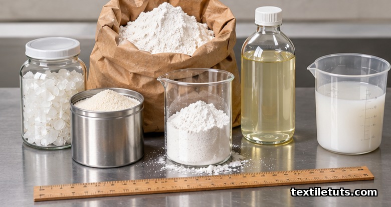 Common warp size ingredients arranged on a workbench: modified starch, PVA flakes, CMC powder, softener liquid, and acrylic copolymer in glass and metal containers.