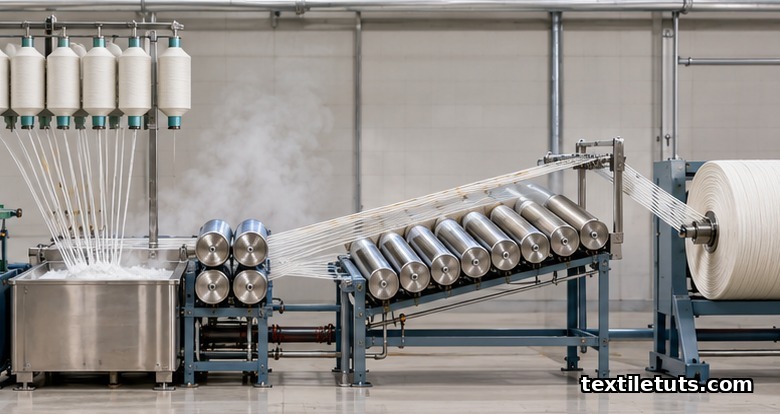 Step-by-step warp sizing line: creel yarn packages feeding a size bath, squeeze rollers, steam-heated drying cylinders, splitting rod, and weaver's beam.