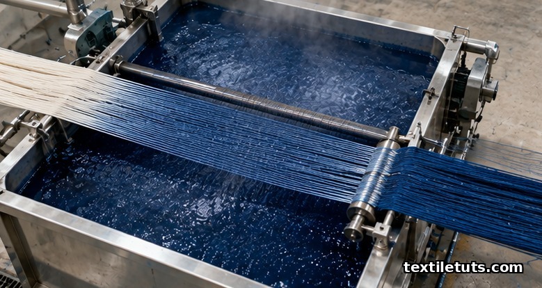 Overhead view of indigo dye vat with warp yarns entering and exiting in a denim mill