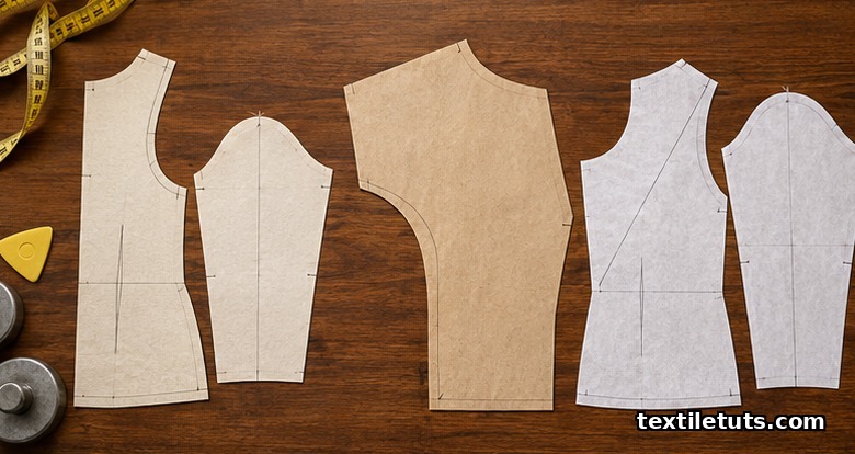 Three paper pattern pieces for set-in, kimono, and raglan sleeve constructions laid out on a wooden worktable.