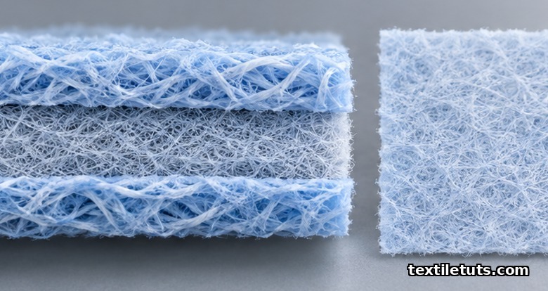 Macro cross-section of SMS nonwoven fabric showing three layers next to a hydroentangled spunlace swatch.
