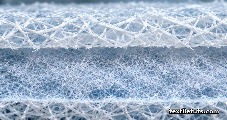 Magnified cross-section of SMS nonwoven fabric showing three-layer spunbond-meltblown-spunbond fiber structure.