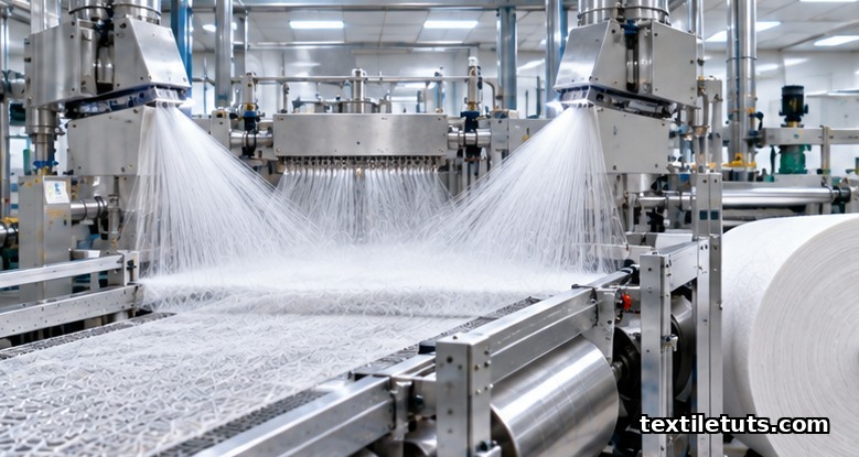 Industrial nonwoven line producing SMS fabric with spunbond beams flanking a central meltblown die, calender rolls and a winding roll visible.