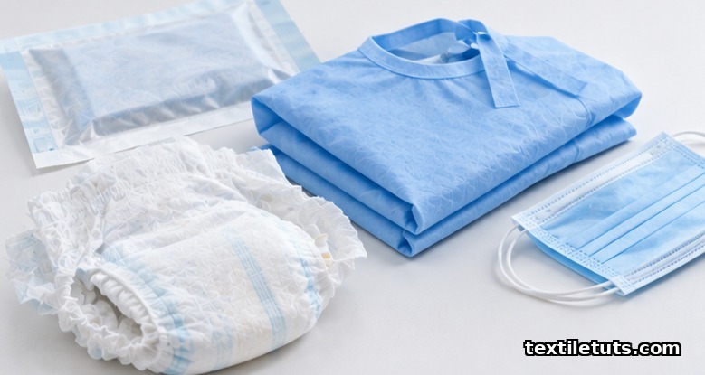 Arrangement of SMS nonwoven end-use products including a surgical gown, face mask, sterile wrap pouch, and disposable diaper on a white surface.