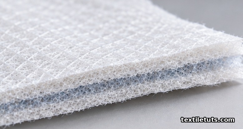Macro cross-section of three-layer SMS nonwoven fabric showing distinct spunbond outer layers and a meltblown middle layer in white tones.