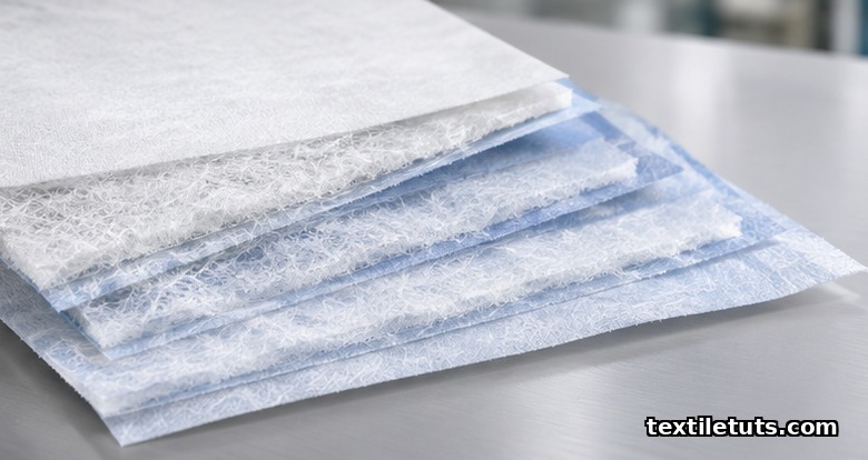 Stacked SMS and SMMS nonwoven composite fabric samples offset to reveal inner meltblown core layers on a workbench.