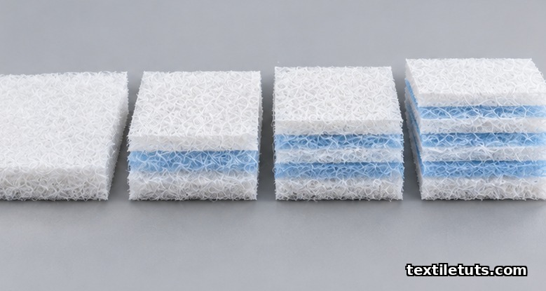 Cross-section illustration comparing single-layer S, three-layer SMS, four-layer SMMS, and five-layer SSMMS nonwoven composite structures.