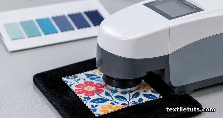 Benchtop spectrophotometer measuring a printed fabric swatch for Delta E shade matching, with a graduated shade card in the background.