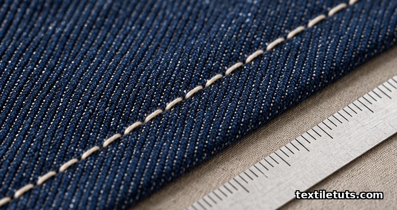 Macro photograph of stitches per inch on a denim seam showing needle penetrations along the stitched line.
