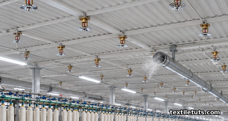Overhead view of ESFR ceiling sprinklers above spinning frames with under-floor suction ducts, illustrating NFPA fire-prevention design.