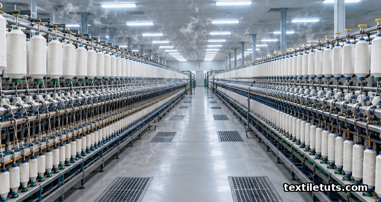 Wide view of a modern ring-spinning mill floor with rows of bobbins under fluorescent light, illustrating textile-mill safety hazards.