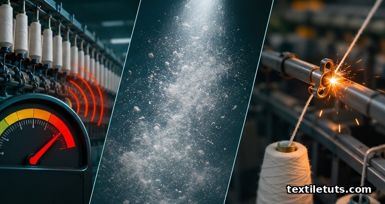 Illustration of the four spinning-mill hazard families: high decibel noise, drifting cotton dust, and a spark at a hot traveler.