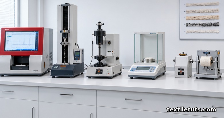Spinning mill quality lab with a Uster evenness tester console, single-end tensile tester, twist tester, analytical balance, and wrap reel.