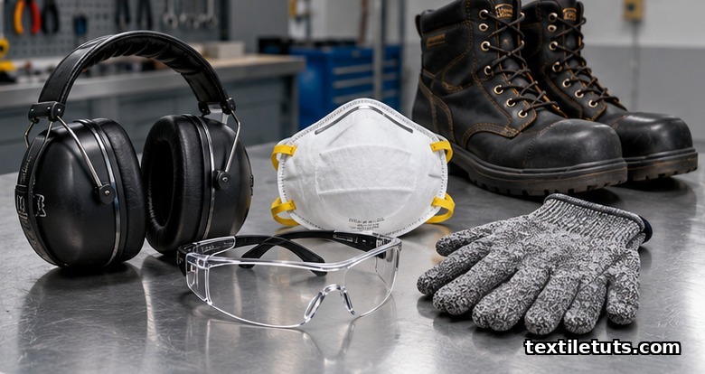 Arrangement of mill PPE on a steel workbench: NRR earmuffs, N95 respirator, Z87 safety glasses, cut-resistant gloves, and steel-toe boots.