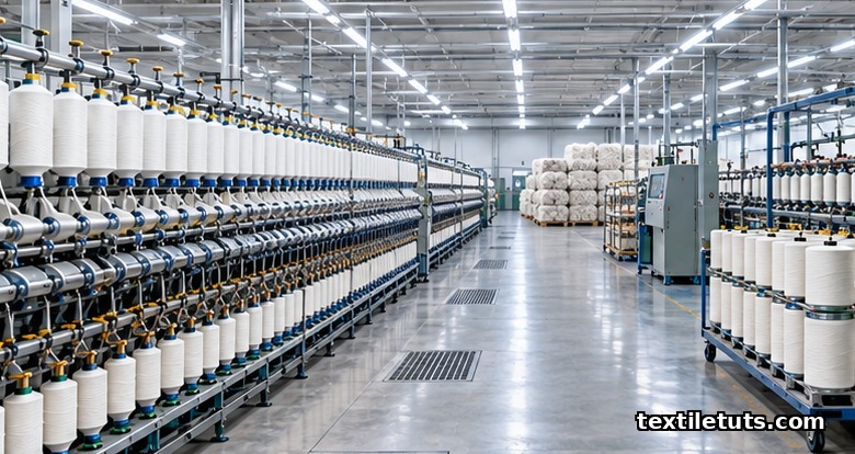 Wide interior of a cotton spinning mill floor with rows of ring spinning frames, ring bobbins, and stacked raw cotton bales.