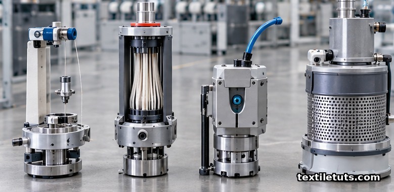 Side-by-side view of ring, rotor, air-jet, and compact spinning machine components in a textile mill.