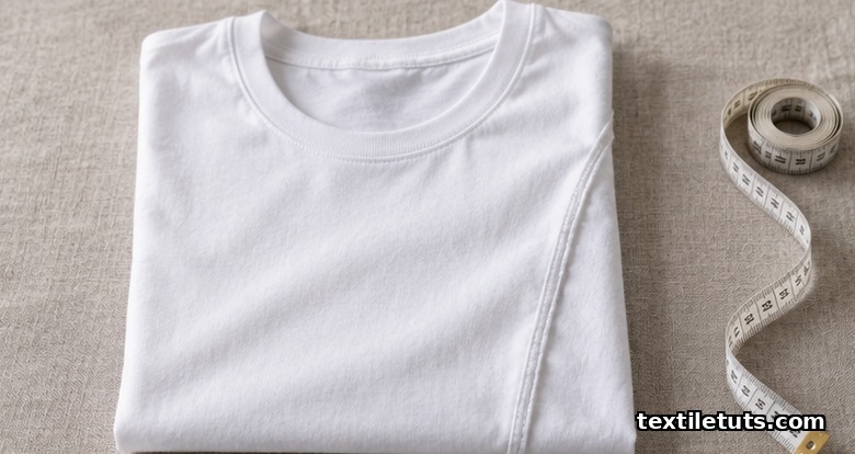 White cotton T-shirt laid flat showing a side seam twisted diagonally off vertical, demonstrating spirality after washing.