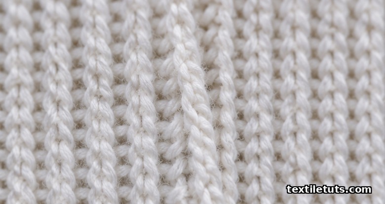 Close-up macro of a single-jersey knit showing vertical wales and horizontal courses with one wale drifting off perpendicular.