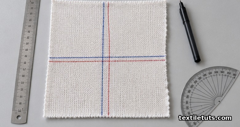 Square knit specimen on a lab bench with marked reference lines showing horizontal offset of a wale after washing.