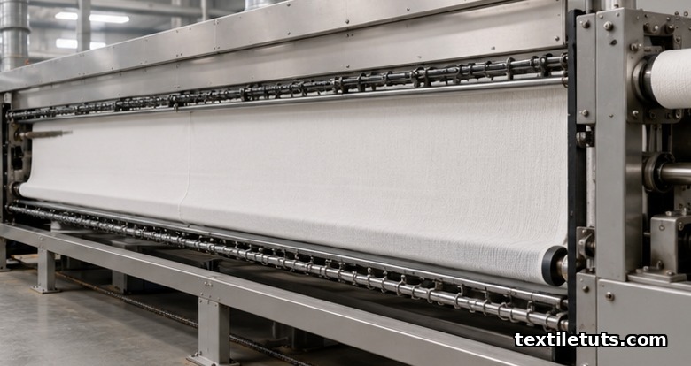 Wide view of a knit finishing stenter frame with fabric running through the heated chamber to reduce spirality.
