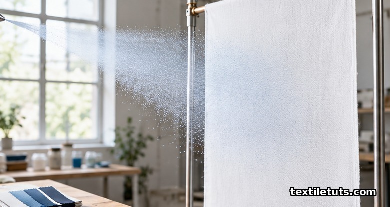 Spray printing overview showing atomized dye mist dispersing onto white cotton fabric inside a textile studio with daylight from a side window.