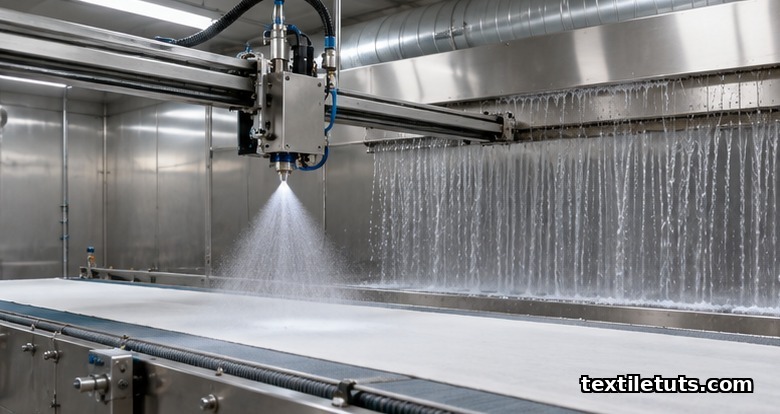 Industrial spray printing booth with a reciprocating spray head mounted on an overhead rail above a fabric conveyor belt.