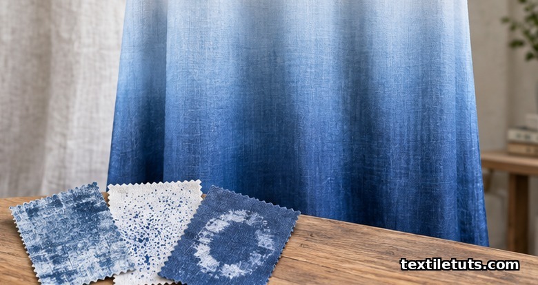 Draped cotton fabric showing a vertical blue ombre gradient with three smaller sprayed swatch samples laid on a wooden tabletop.