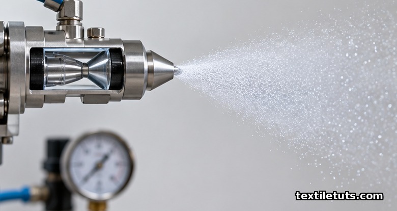 Macro close-up of a pneumatic spray nozzle atomizing dye into a fine conical mist pattern against a neutral white backdrop.