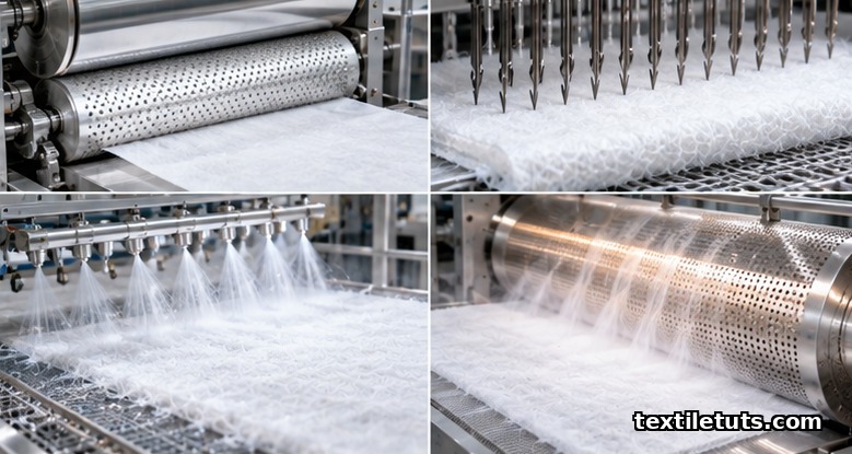 Four spunbond bonding methods side by side: thermal calender, needle punching, hydroentanglement, and through-air bonding.
