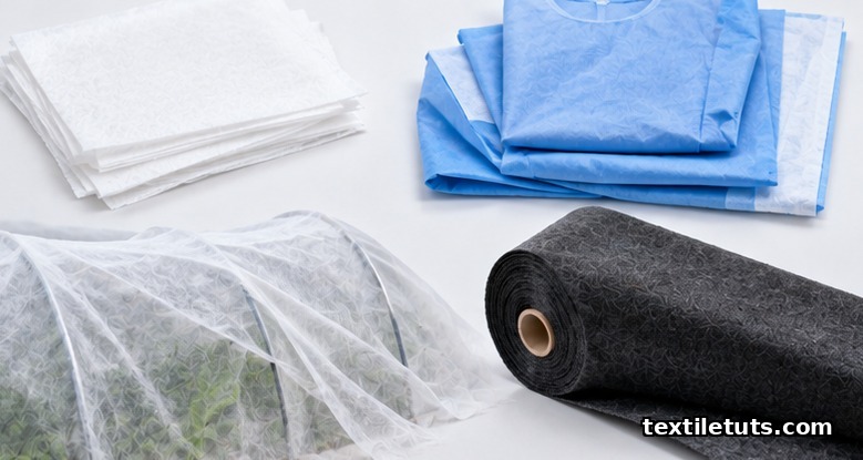 Flat lay of spunbond nonwoven end products: diaper coverstock, surgical drapes, geotextile roll, and crop cover fabric.