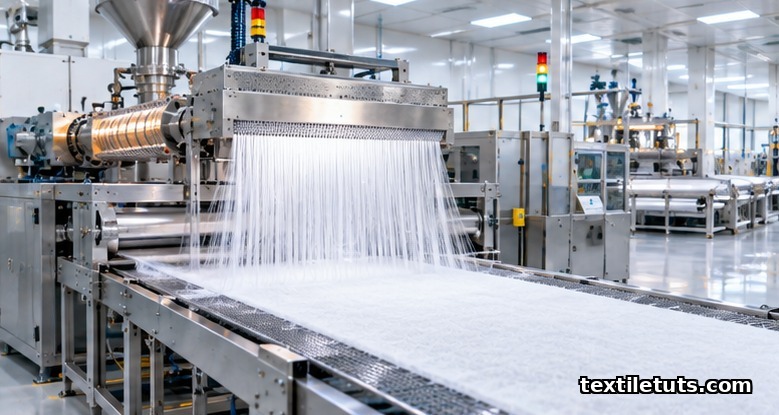 Spunbond nonwoven production line showing extruder, spinneret filament curtain, and conveyor forming continuous filament web.